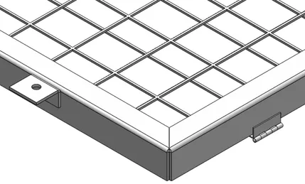 Close-up of the frame corner, mesh and hinge.